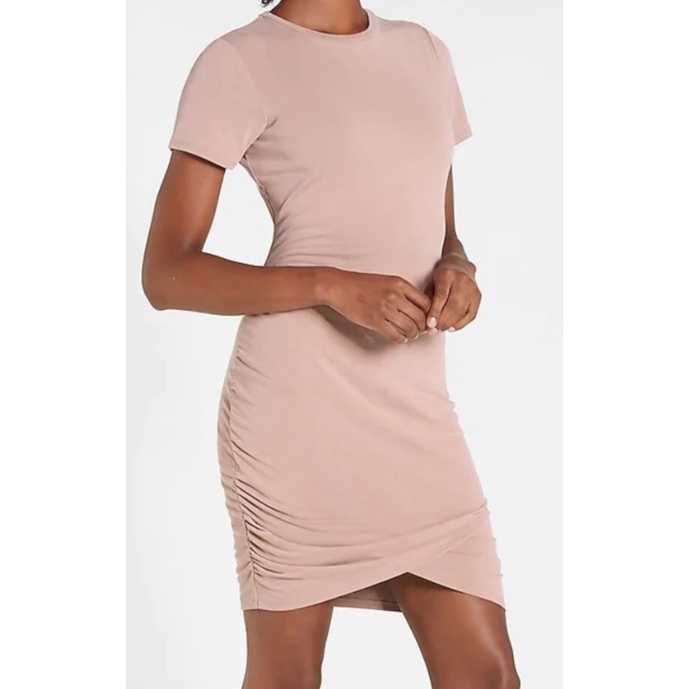 Express Ruched Bodycon T Shirt Dress Beige XS Short Sleeve Casual Everyday
